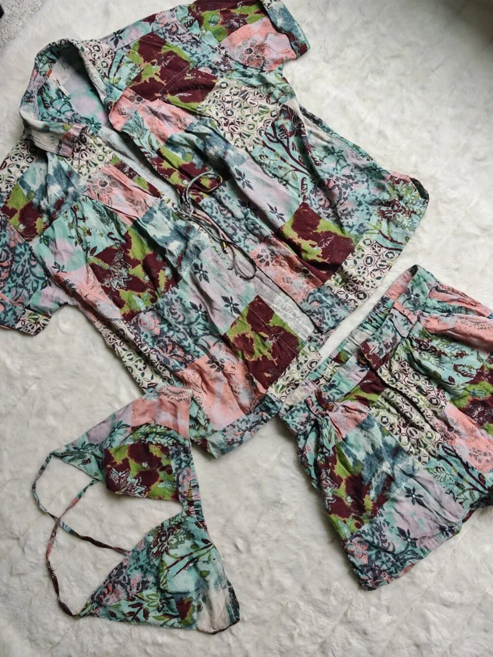 Free People 3 Piece Patchwork Linen Blend Set S Boho Kimono Shorts Bralette Fest